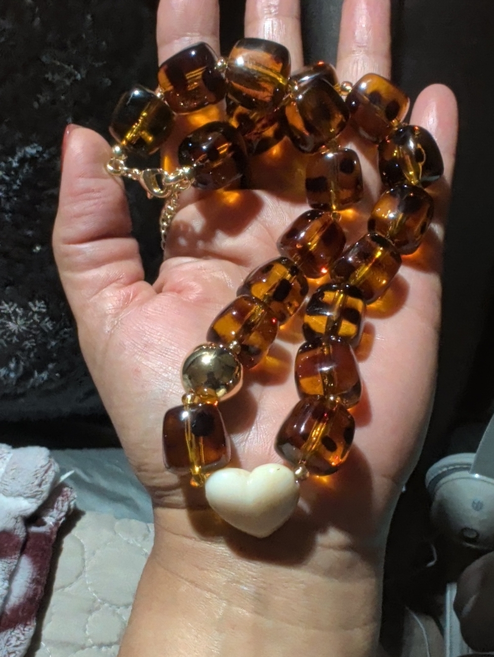 Heart Pendant Amber Bead Necklace- Gold Accents - Women Jewelry